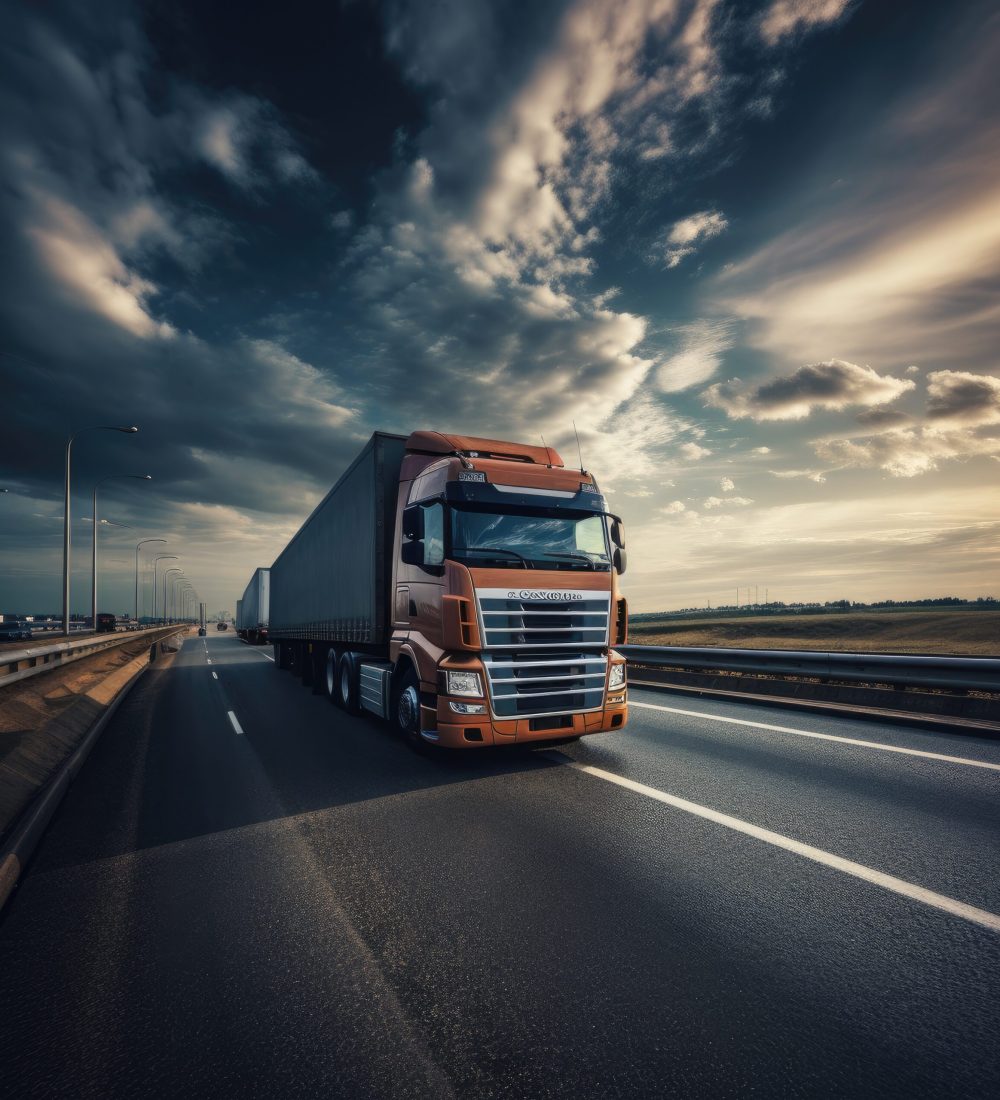 Truck with container on highway, cargo transportation . generative ai